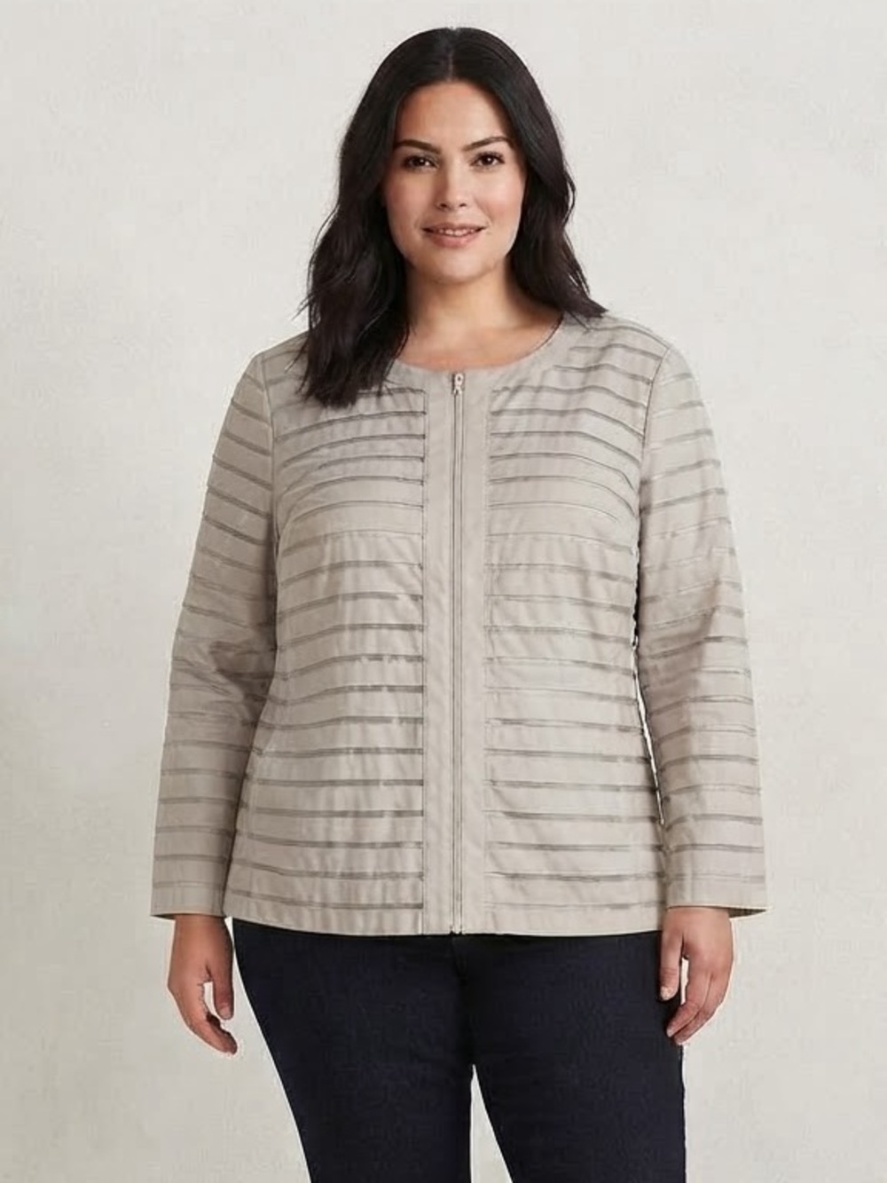 Lafayette 148 Sz 24W Grey Genuine Leather Sheer Strip Full Zip Jacket